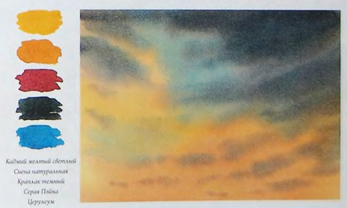 Вечернее теплое небо в акварельной живописи