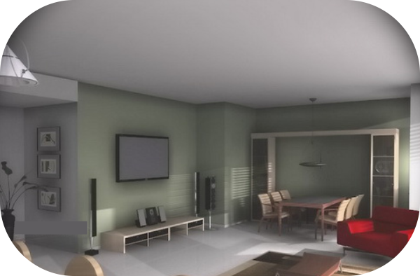 Пример работы в программе "АрКон". Просторная гостинная с крастным диваном.