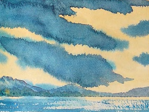 Резкие по тону границы облаков в акварельной картине